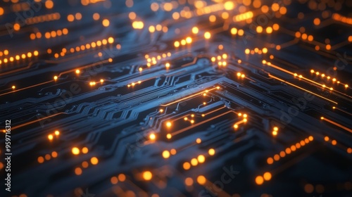 A futuristic close-up of a circuit board, showcasing glowing orange lights amidst intricate electronic pathways.