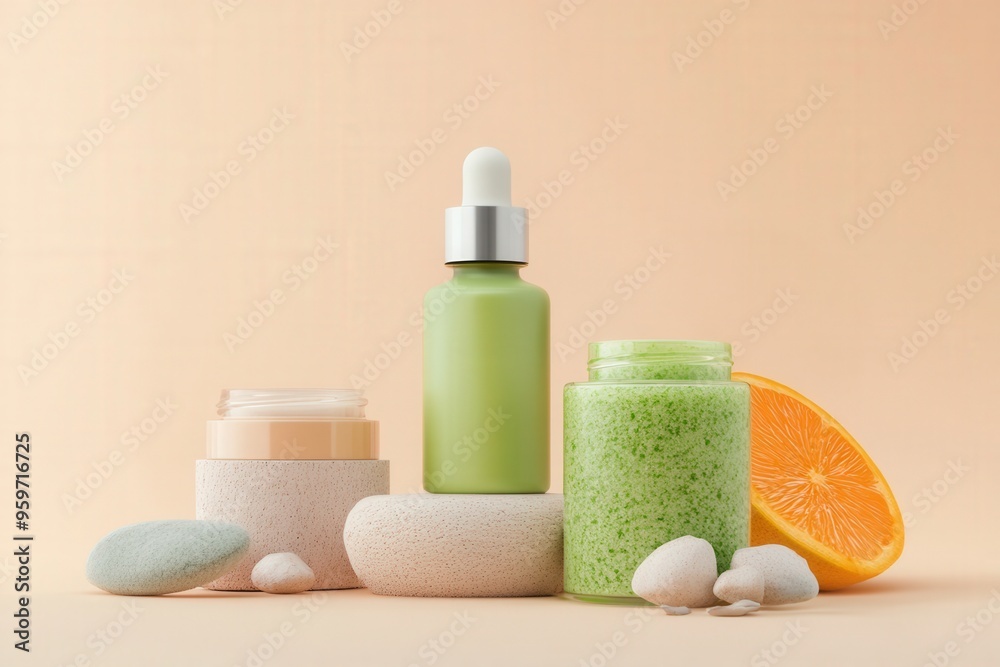Spa and beauty products with natural ingredients like green scrub, cream, dropper bottle, and orange slice on pastel background. Spa and beauty products with natural ingredients like green scrub, cream, dropper bottle, and orange slice on pastel background.
