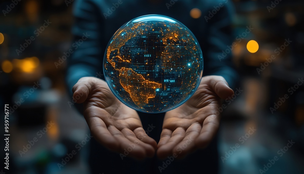 Fototapeta premium Hands holding a holographic globe with AI data points, visualizing global logistics network optimization