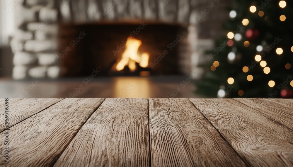 Empty wooden table with a Christmas tree and fireplace in the background, warm and cozy setting, 3D illustration Empty wooden table with a Christmas tree and fireplace in the background, warm and cozy setting, 3D illustration