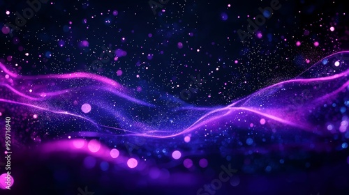 Ethereal purple waves flowing through a dark space, surrounded by glowing particles, creating a magical and cosmic atmosphere