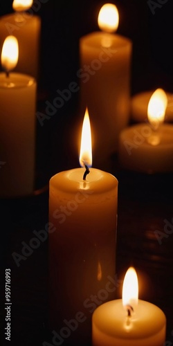 Soft light from flickering candles illuminates tranquil scene, inviting calming ambiance. Expression of regret, eternal memory and mourning. Religious ritual cult. Moments of reflection serenity. AI