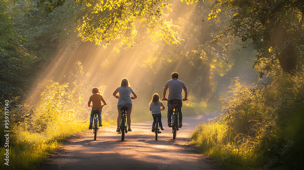 A family of four biking together through a scenic nature trail, surrounded by trees and sunlight A family of four biking together through a scenic nature trail, surrounded by trees and sunlight