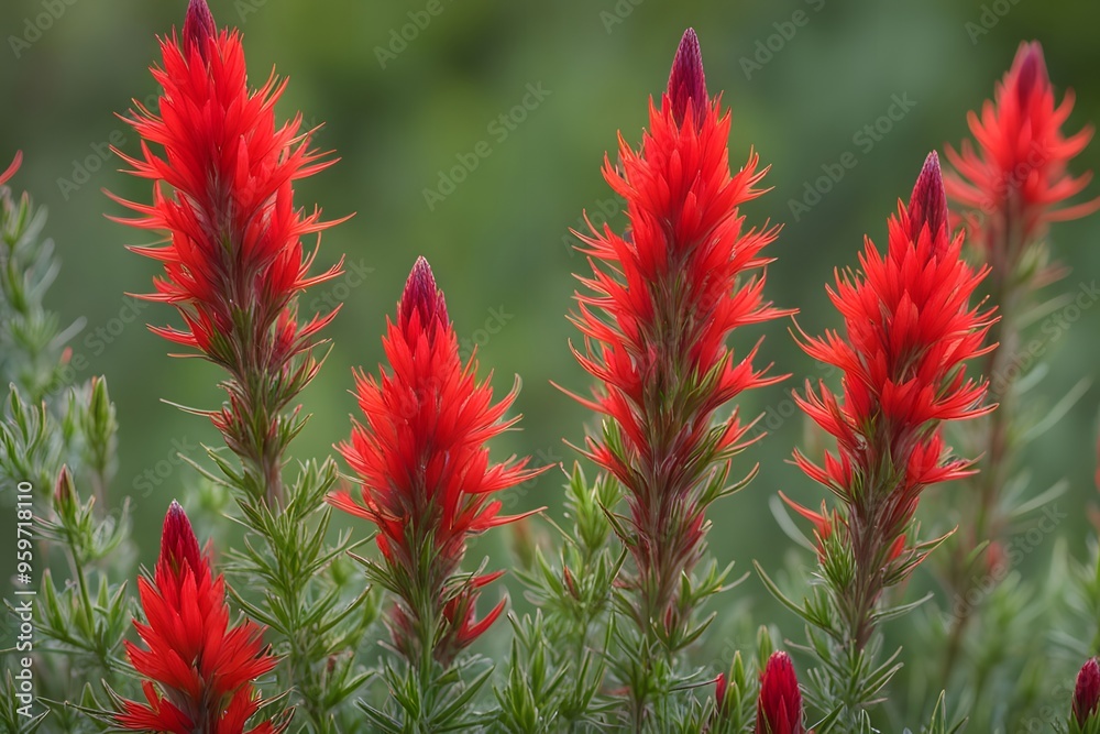 Red indian paintbrush flowers with vibrant red spikes and green foliage, AI Generated Red indian paintbrush flowers with vibrant red spikes and green foliage, AI Generated