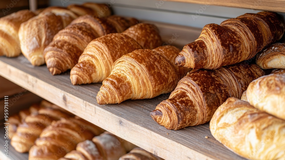 Freshly Baked Croissants on Rustic Shelves: A mouthwatering display of golden-brown croissants, arranged on rustic wooden shelves in a bakery setting. The warm. Freshly Baked Croissants on Rustic Shelves: A mouthwatering display of golden-brown croissants, arranged on rustic wooden shelves in a bakery setting. The warm.