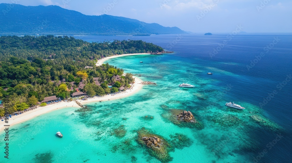Bird's eye view of Koh Lipeas beaches, with white sands, coral reefs, and turquoise waters of the Andaman Sea.