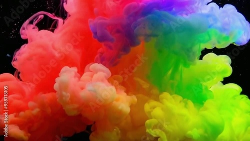 Vibrant rainbow-colored ink swirling and dispersing in water, creating a mesmerizing display of fluid motion and blending hues
