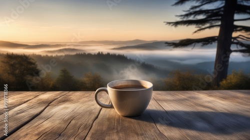 Hot coffee on a wooden table with a backdrop of mountains and sea of ​​mist in the morning. photo