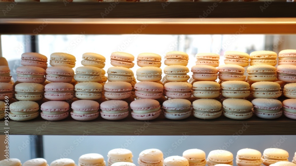 Pastel Macarons on Wooden Shelf Pastel Macarons on Wooden Shelf