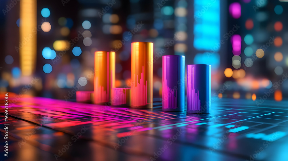 Neon Cityscape Financial Growth Chart Data Analysis Concept Neon Cityscape Financial Growth Chart Data Analysis Concept
