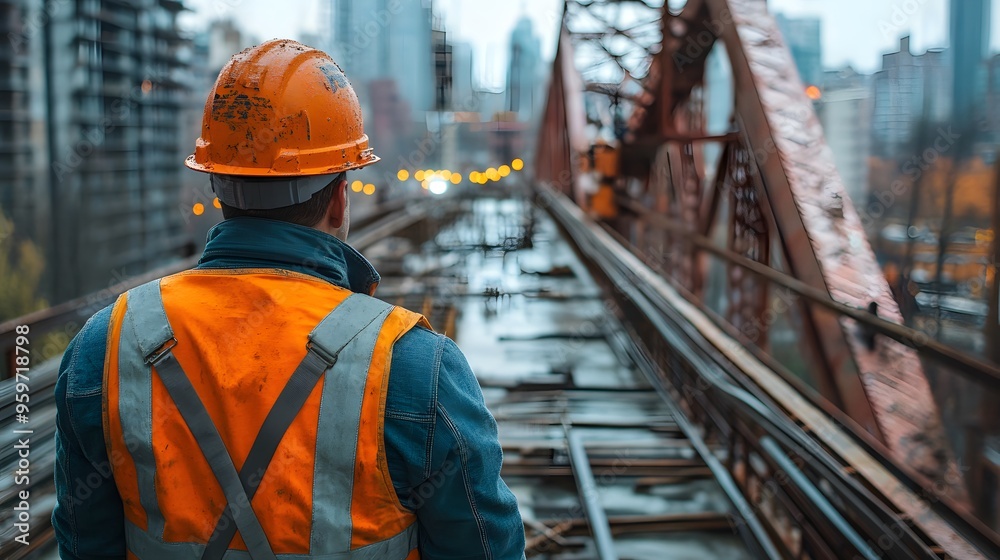 Engineer Inspecting Structural Integrity of a Bridge: A structural engineer looks closely at the steel supports of a bridge under construction, ensuring quality. Engineer Inspecting Structural Integrity of a Bridge: A structural engineer looks closely at the steel supports of a bridge under construction, ensuring quality.