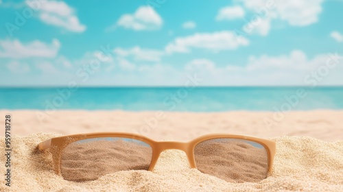 Stylish sunglasses resting on soft sand, with a serene beach and blue sky in the background, perfect for summer vibes.