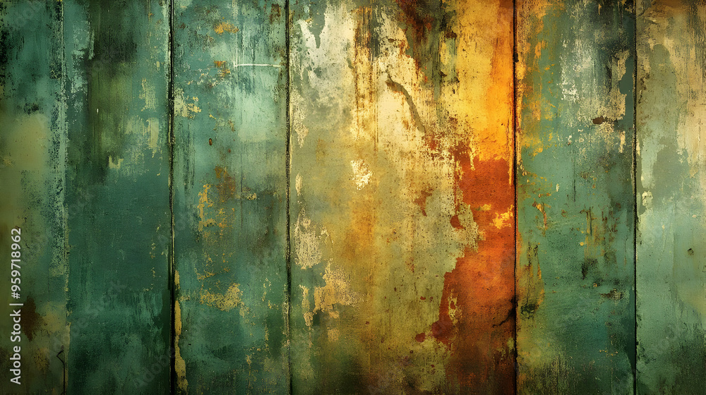 Fototapeta premium Rustic Weathered Wood Texture Background Green Yellow and Orange Tones
