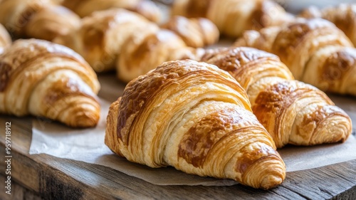 Golden Croissants: A close-up shot of freshly baked croissants on a rustic wooden board, with a focus on the golden brown crust and flaky layers. The image evokes a sense of warmth, comfort.