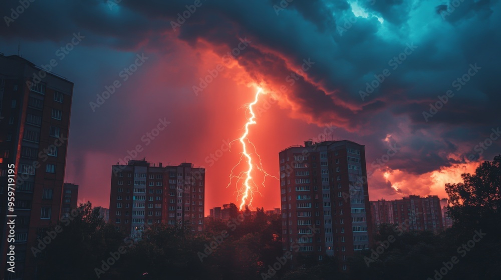 Fototapeta premium Thunderstorm Lightning Over Cityscape