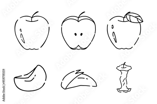 手描き風かわいいりんごの線画セット