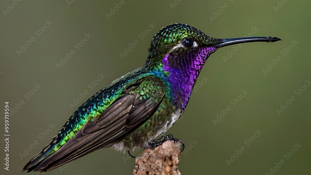 Obraz premium Close-up view of a hummingbird with unique feathers color and a long beak