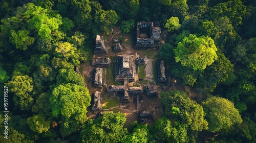 Bird's eye view of the ancient city ruins of Sambor Prei Kuk, with its temple towers set amidst thick forest.