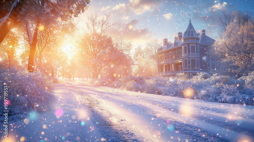 a victorian villa, wonderful and magical winter landscape