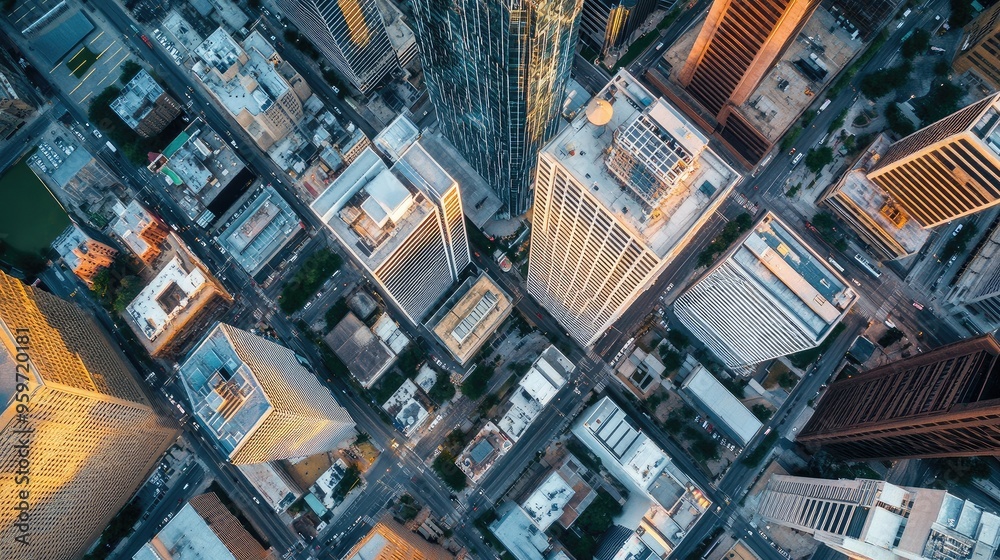 Fototapeta premium Bird's eye view of the Central Business Districtas modern high-rises towering over the cityas historic heart.