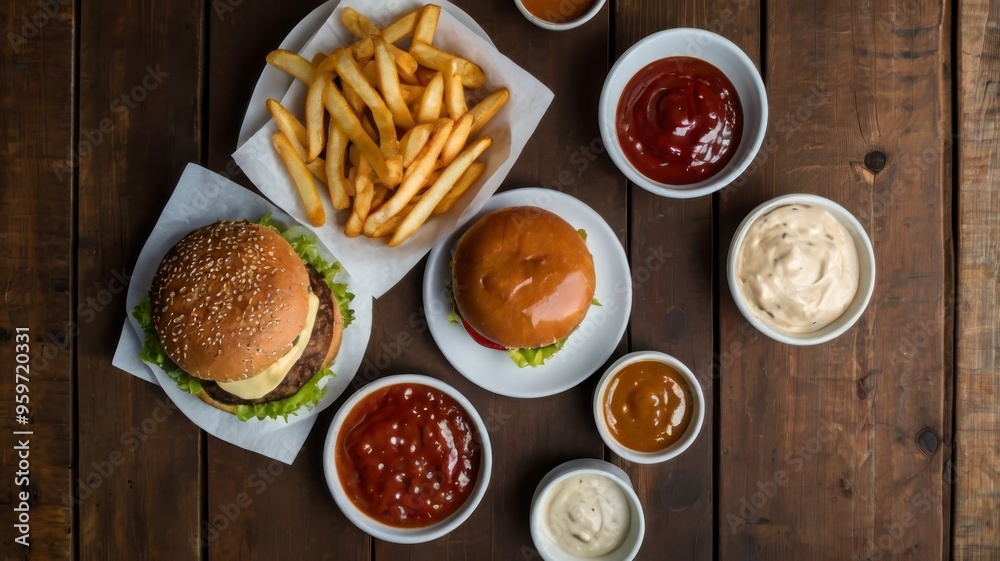 Top-down view of burger, fries, and dipping sauce Top-down view of burger, fries, and dipping sauce