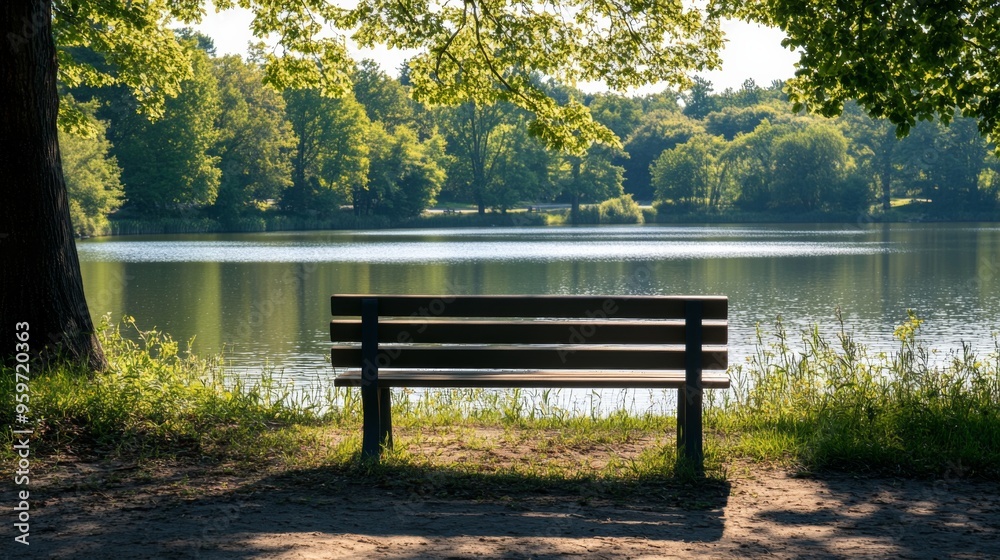 Serene Lakeside Bench in Forest Serene Lakeside Bench in Forest