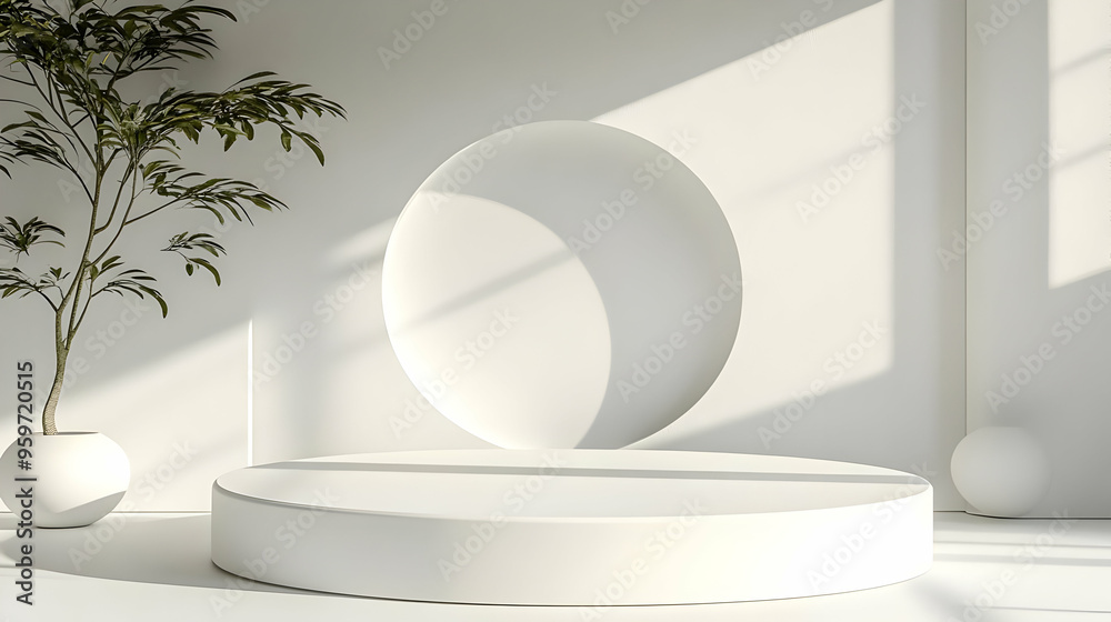 Minimalist White Product Display Platform with Sunlit Plant and Round Window Minimalist White Product Display Platform with Sunlit Plant and Round Window