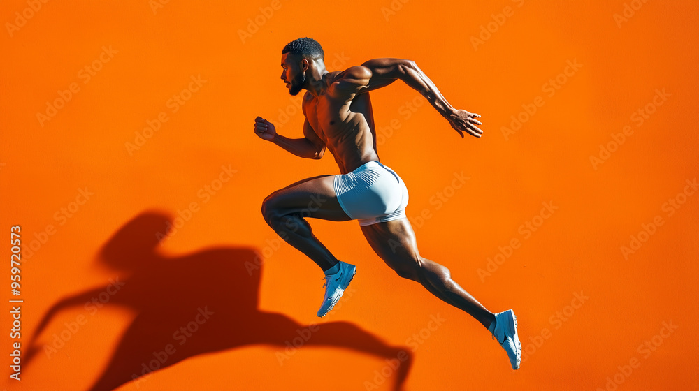 Athletic runner leaps forward with powerful strides against an orange backdrop Athletic runner leaps forward with powerful strides against an orange backdrop