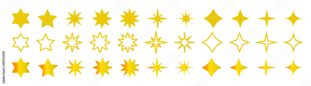 Star icon collection, twinkle star shape symbols. Yellow, orange sparkles symbols vector. 