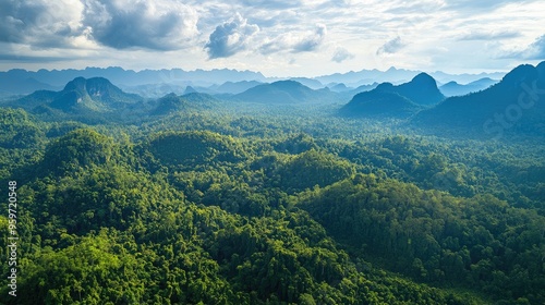 Bird's eye view of the dense forests and karst landscape of Nam Ha National Park in Luang Namtha.