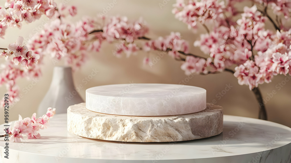Stone Podium with Pink Cherry Blossoms and Marble Background Stone Podium with Pink Cherry Blossoms and Marble Background