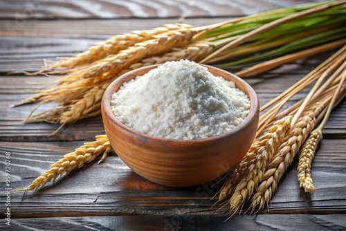 Bowl of white flour with rice stalk on table photo