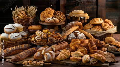 A vibrant and tempting display of an array of freshly baked breads including loaves rolls and pastries showcasing the artistry and craftsmanship of the bakery