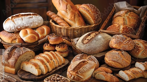 A vibrant and tempting display of an array of freshly baked breads including loaves rolls and pastries showcasing the artistry and craftsmanship of the bakery