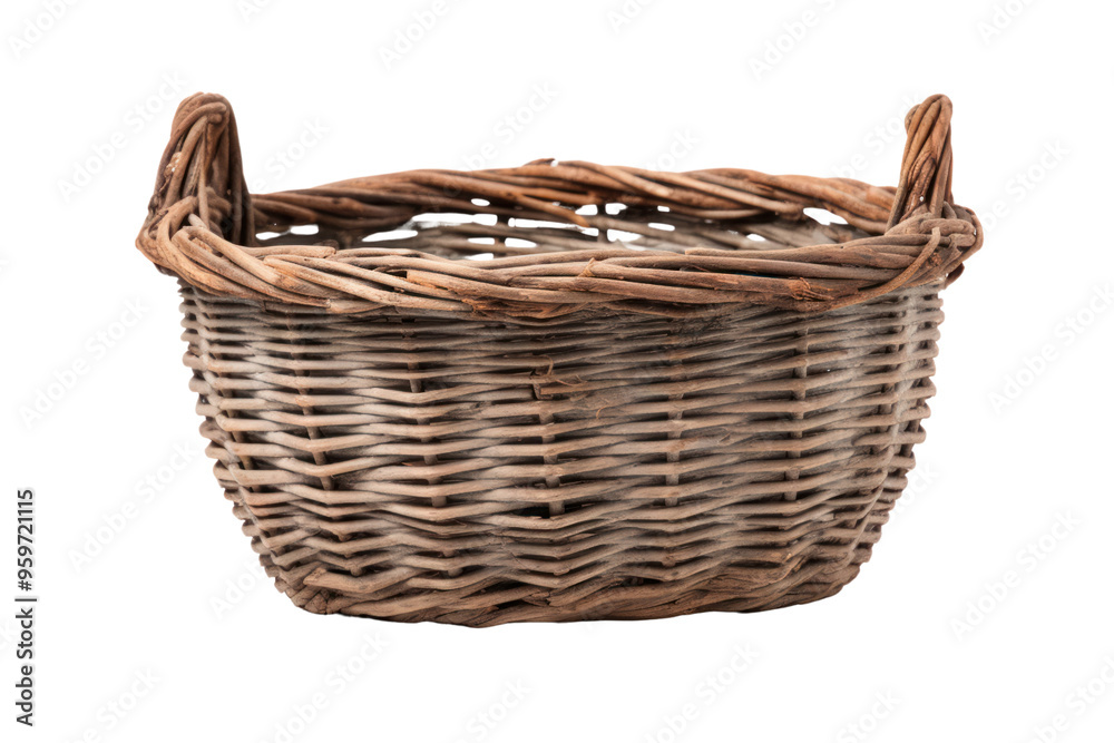 Obraz premium A vintage wicker basket with a distressed finish and patina, evoking a sense of nostalgia. Isolated on white background