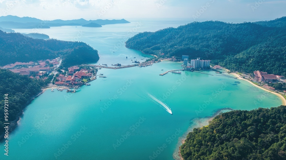 Obraz premium Bird's eye view of the glistening waters of Marina Island in Lumut, Perak, with its curving coastline.