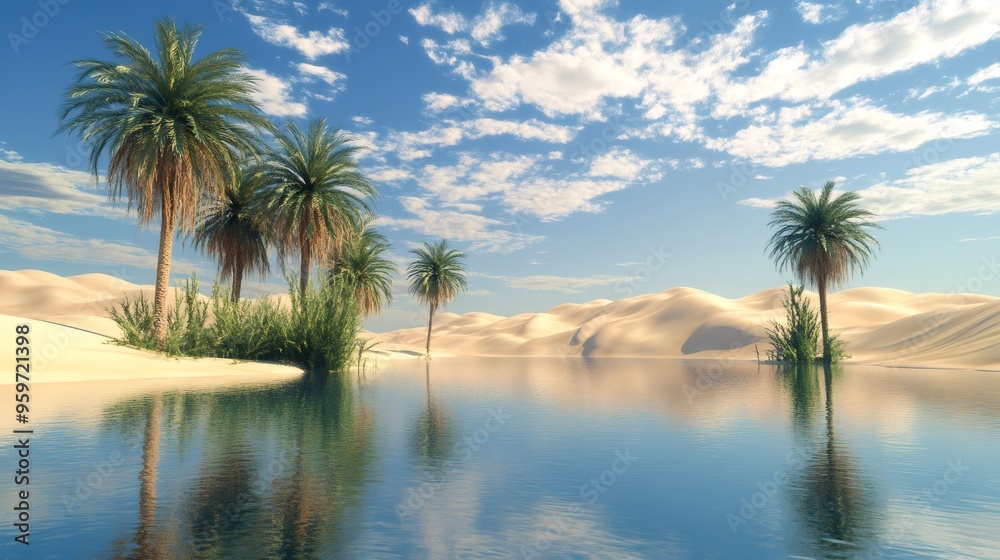 Palm trees reflected in a tranquil oasis lake in the desert.