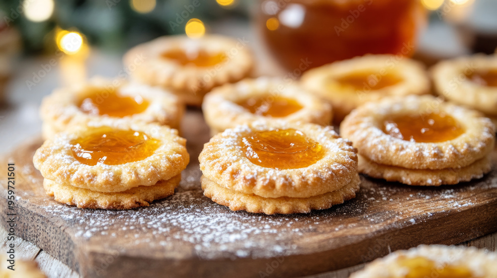 Homemade cookies filled with marmalade, displayed on a pretty board.