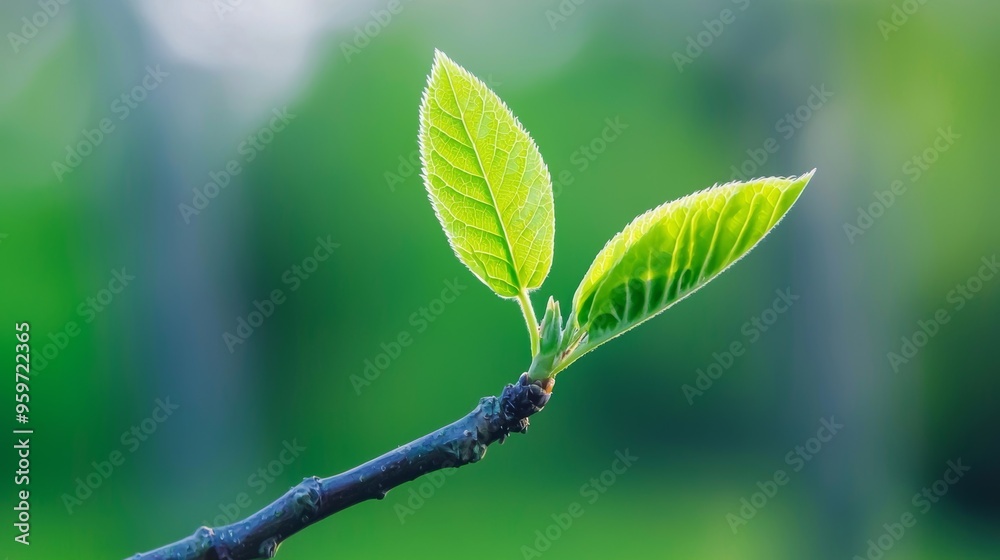 Fresh green leaves sprouting from a branch, symbolizing growth and nature Fresh green leaves sprouting from a branch, symbolizing growth and nature