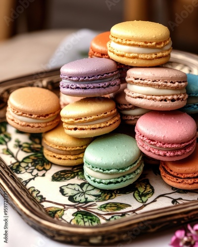 Pastel Macarons Pyramid on Vintage Tray 