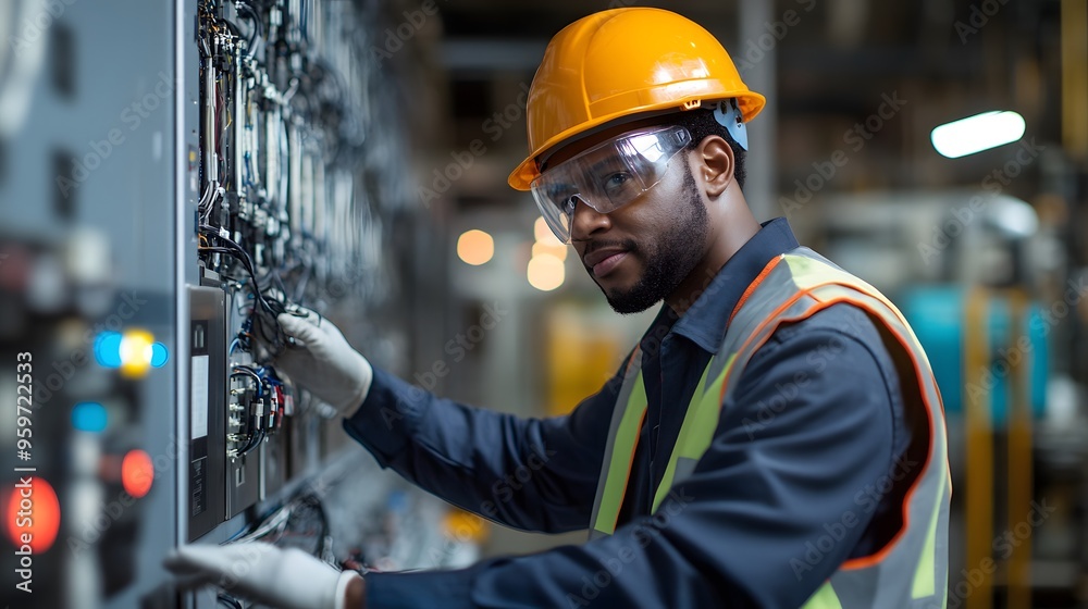 Engineer Inspecting Electrical Wiring at a Power Plant: An engineer in safety gear checks electrical systems and wiring in a control room of a power plant. Engineer Inspecting Electrical Wiring at a Power Plant: An engineer in safety gear checks electrical systems and wiring in a control room of a power plant.