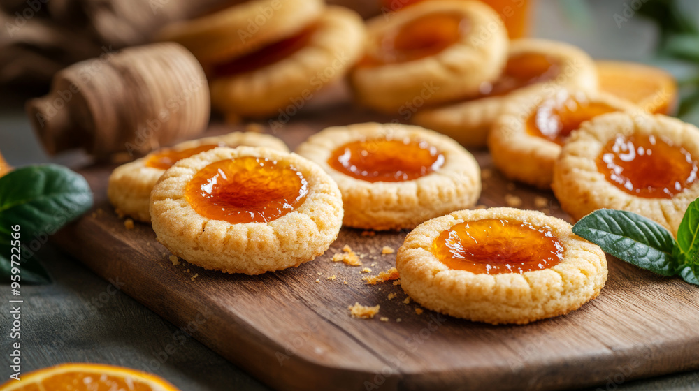 Homemade cookies filled with marmalade, displayed on a pretty board. Homemade cookies filled with marmalade, displayed on a pretty board.