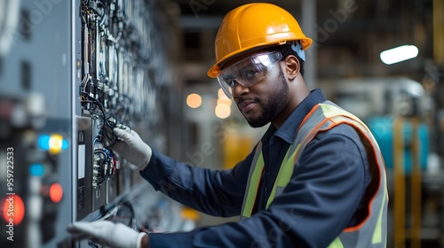 Engineer Inspecting Electrical Wiring at a Power Plant: An engineer in safety gear checks electrical systems and wiring in a control room of a power plant.