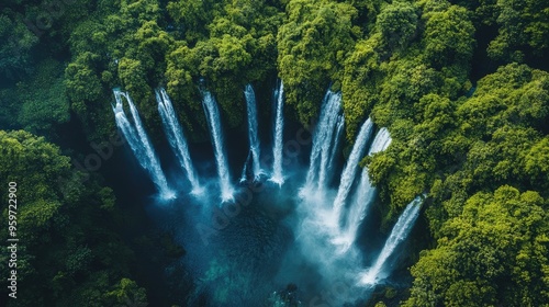 Bird's eye view of the Nam Kat Yorla Pa waterfalls, with their clear, cascading waters in the dense jungle of Oudomxay. photo