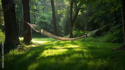 A hammock stretches between two trees the sun casting a dappled light across the vibrant green grass in a secluded forest nook