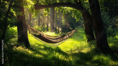 A hammock stretches between two trees the sun casting a dappled light across the vibrant green grass in a secluded forest nook