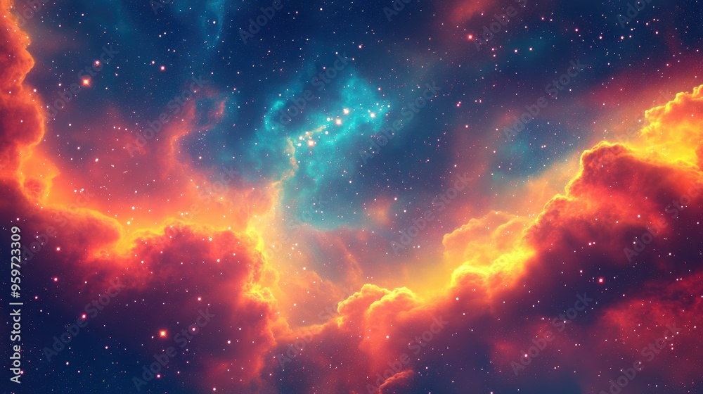 Fototapeta premium Colorful abstract background featuring cosmic space and stars with a fire effect rendered in 3D cartoon style