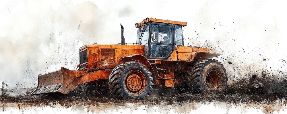 Grader covered in dirt and grime, hardworking machine, watercolor style Grader covered in dirt and grime, hardworking machine, watercolor style