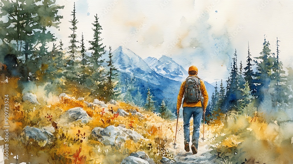 Obraz premium Grader creating a new hiking trail, forest setting, adventurous spirit, watercolor style
