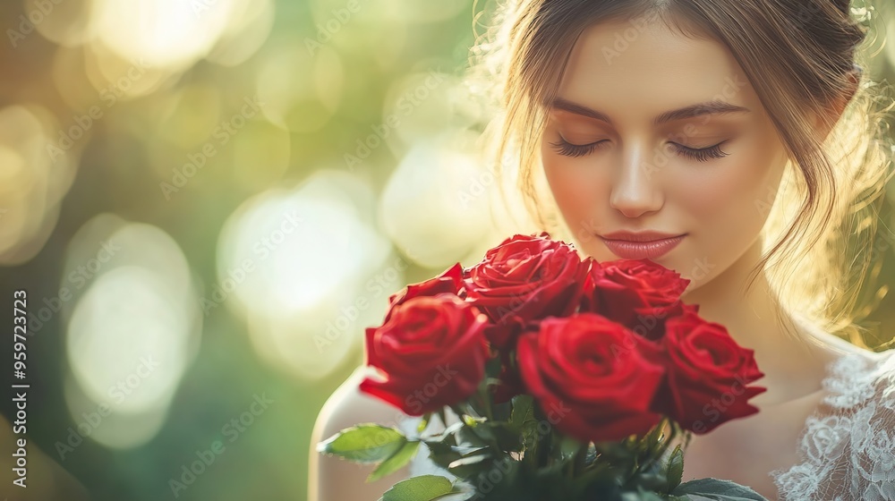 Beautiful girl is kissing a bouquet of red roses in the garden on a blurry background Beautiful girl is kissing a bouquet of red roses in the garden on a blurry background